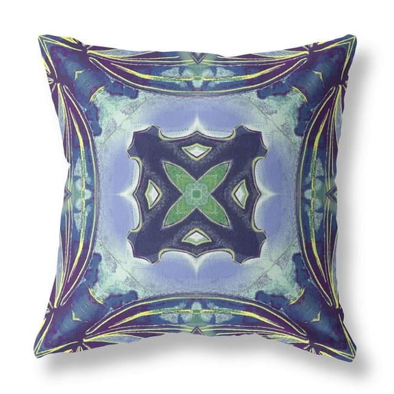 16 in. Blue & Green Geo Tribal Suede Throw Pillow, Peacock Blue & Light Blue