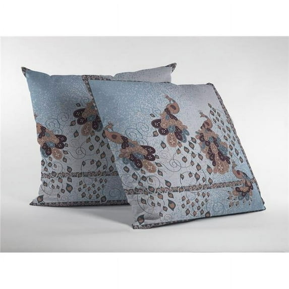 16 in. Boho Bird Indoor & Outdoor Throw Pillow, Brown & Blue