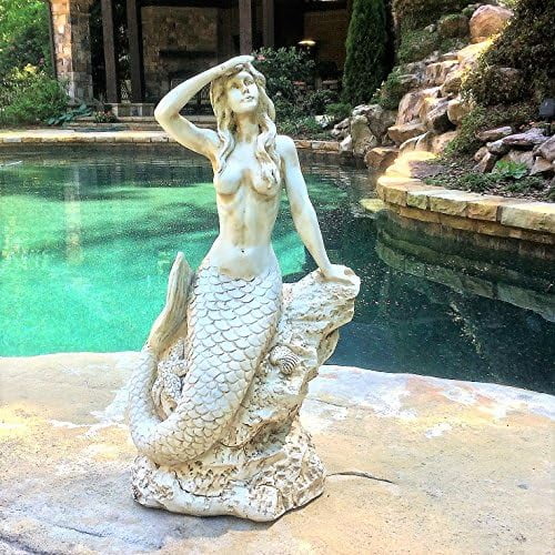 16 in. Classic Mermaid Sitting on Nautical Rock Looking Out to Sea Antique White Finish Beach and Pool Statue$$Garden & Patio