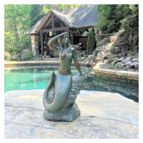 16 in. Classic Sitting on Nautical Rock Looking Out to Sea Bronze Finish Beach and Pool Statue
