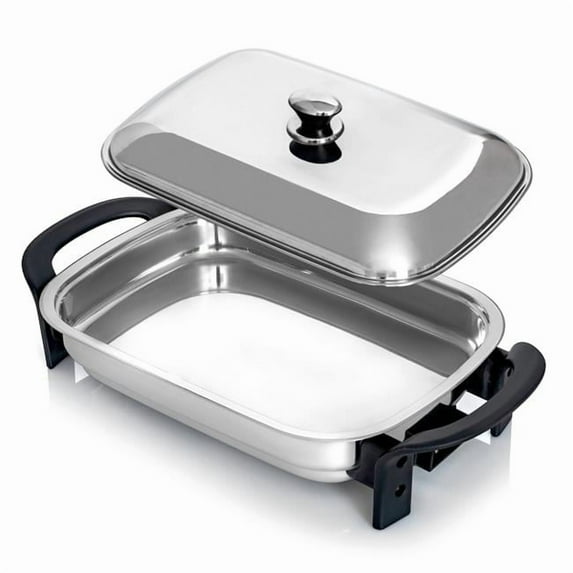 16 in. Electric Skillet - Rectangular Stainless Steel Pan with Handles & Lid Cover