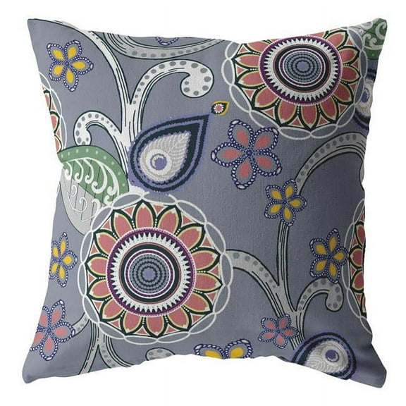 16 in. Gray & Pink Floral Suede Throw Pillow, Multi Color