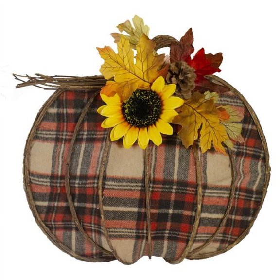 16 in. Plaid Fall Harvest Pumpkin Wall Decor, Red & Black