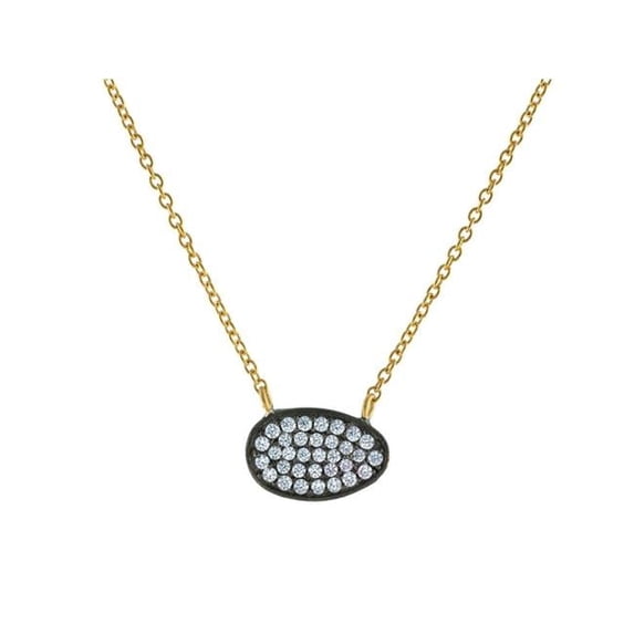 16 in. Plus 2 in. Extension Silver Black Rhodium & Gold Plated Chain, Cubic Zirconia Irregular Oval Shape Pendant Necklace