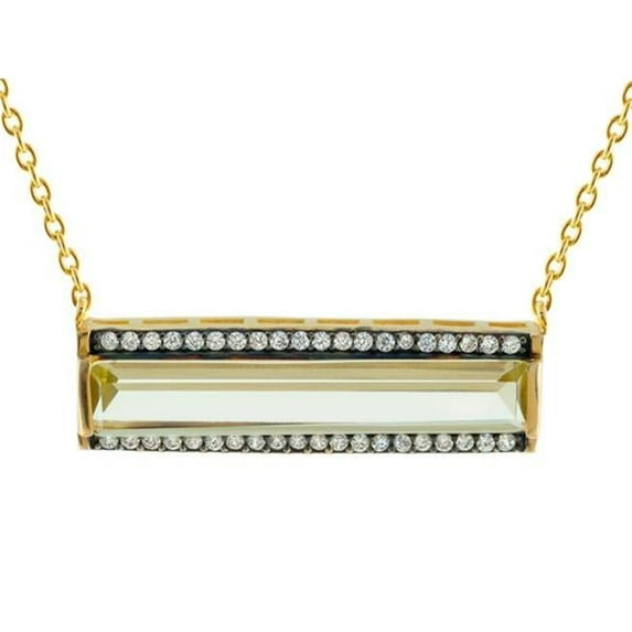 16 in. Plus 2 in. Extension Silver Gold Plated Horizontal Long Prisma Citrine Cubic Zirconia Bar Necklace Pave Frame