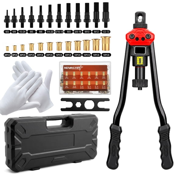 16 in Rivet Nut Tool Kit, Heavy-Duty Rivet Nut Gun with 12 Metric & SAE Mandrels, 190 Rivet Nuts, Quick-Change Design & Carrying Case