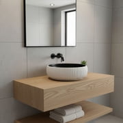 16 in. Round Vessel Bathroom Sink in Matte Black and Textured White Ceramic   Modern Above-Counter Basin with Stone-Look Finish