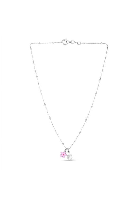 16 in. Silver & Rhodium Polished 2 in. Extender Flower Ladybug Necklace with Pear Shaped Lobster Clasp