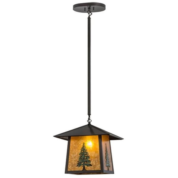16 in. Square Stillwater Tall Pine Pendant, Craftsman & Amber Mica Green Trees