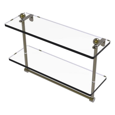 16-in Two Tiered Glass Shelf with Integrated Towel Bar in Antique Brass