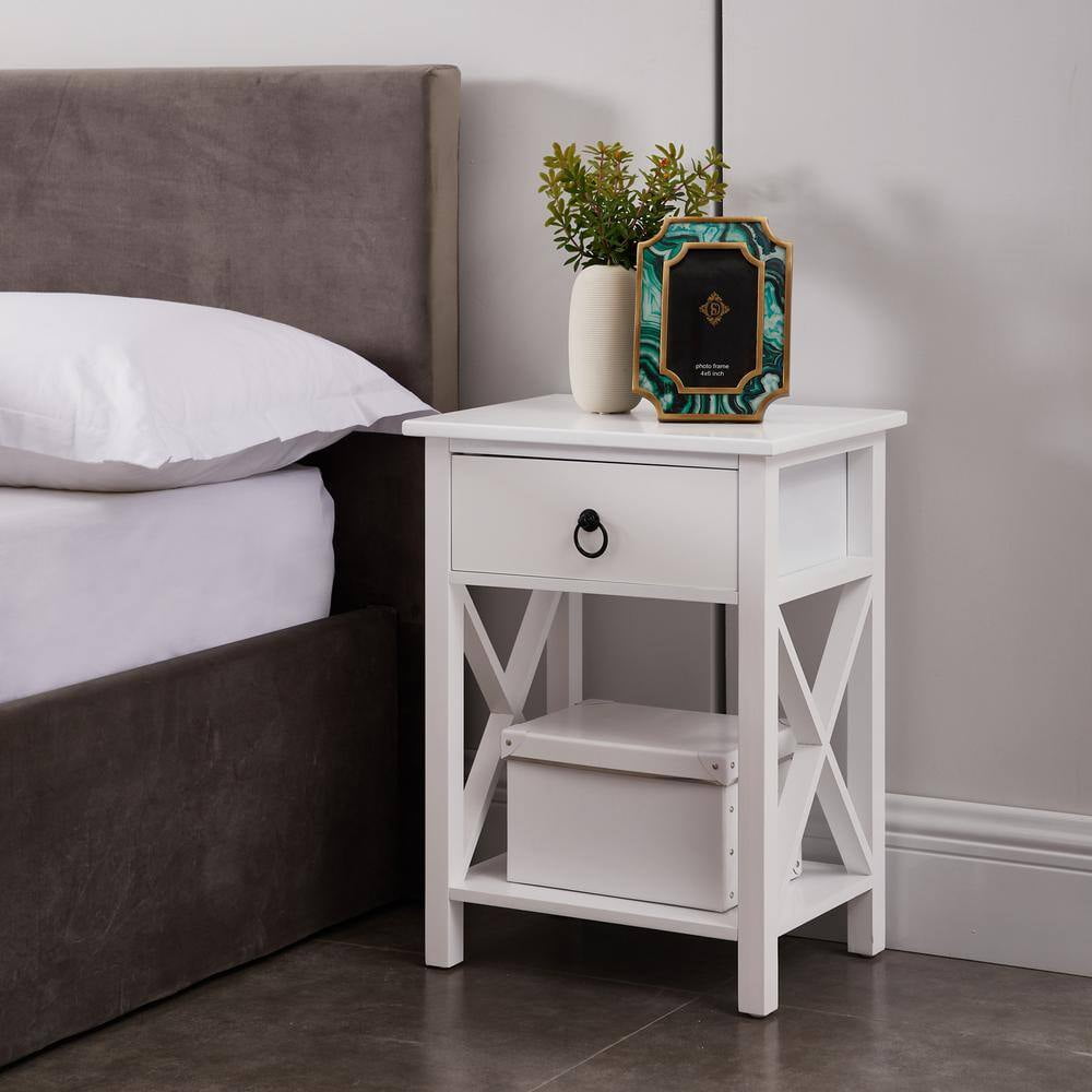16 in. White Slim Wood End Table with Drawer and Shelf-Narrow Bedside ...