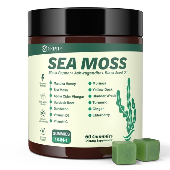 16 in1 Sea Moss Gummies - Black Seed Oil, Ashwagandha, Turmeric, Bladder Wrack, Vitamin C, Vitamin D3, Elderberry, Apple Cider Vinegar - for Men & Women - 60 Gummies