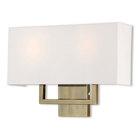 16 inch 2 Light Antique Brass ADA Wall Sconce with Hand Crafted Off-White Fabric Shade