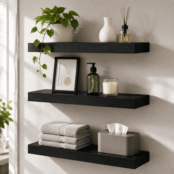 16 inch 3 Pack Wood Floating Shelves, Hanging Float Shelf for Bathroom, Bedroom, Living Room, Kitchen with 22lbs Capacity, Wall Mounted Decorative Shelves, 16 x 5.8 x0.6 Inch, Set of 3, Black