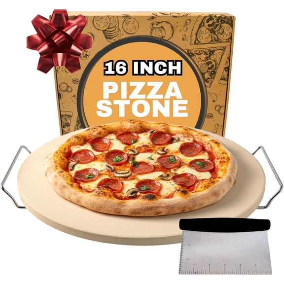 16 inch Baking Stone For Oven - Round Pizza Stone with Handles and Dough Tool - Baking Stone for Bread - Pizza Stones for Oven and Grill - Cooking Gifts for Lovers