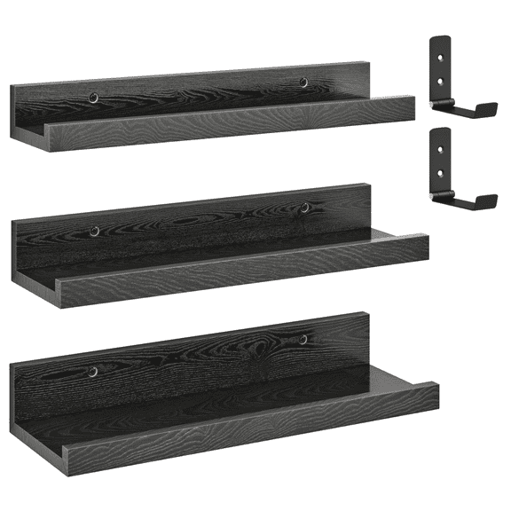 16 inch Black Wood Floating Wall Shelves 3-Pack Bathroom Photo Ledge