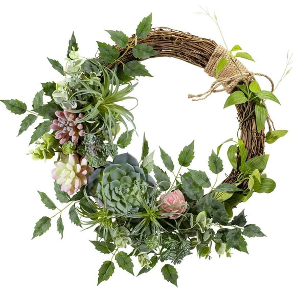 16 inch Boho Spring Succulent Wreath Arrangement Decor for Front Door,Artificial Multicolor Succulent Summer Door Wreath with Greenery Air Pineapple for Wall and Home Decoration