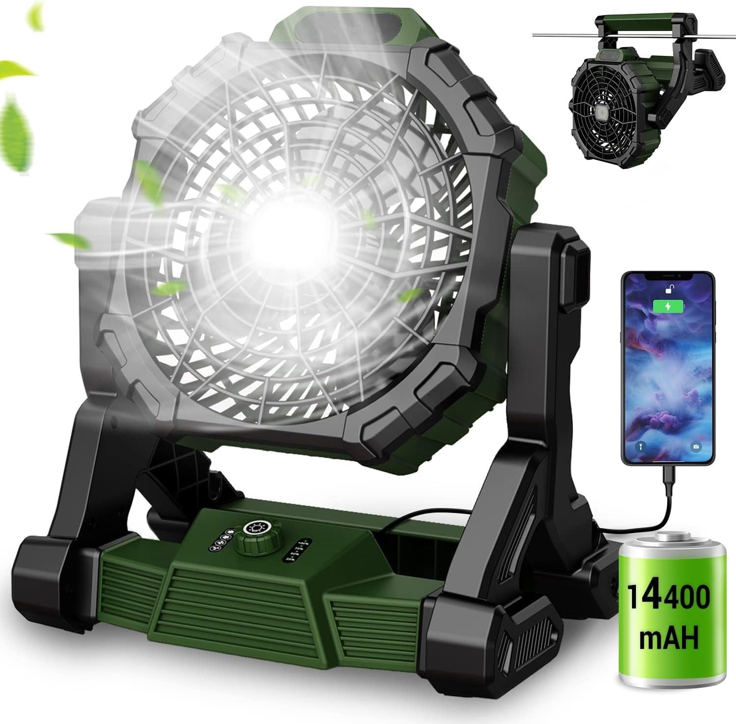 16 inch Camping Fan for Tents, Portable Floor Fan with Led Light, 14400mAh Rechargeable Cordless Battery Operated Fan for Camping, Outdoor Fan for Picnic, BBQ, Fishing, Travel, Farming