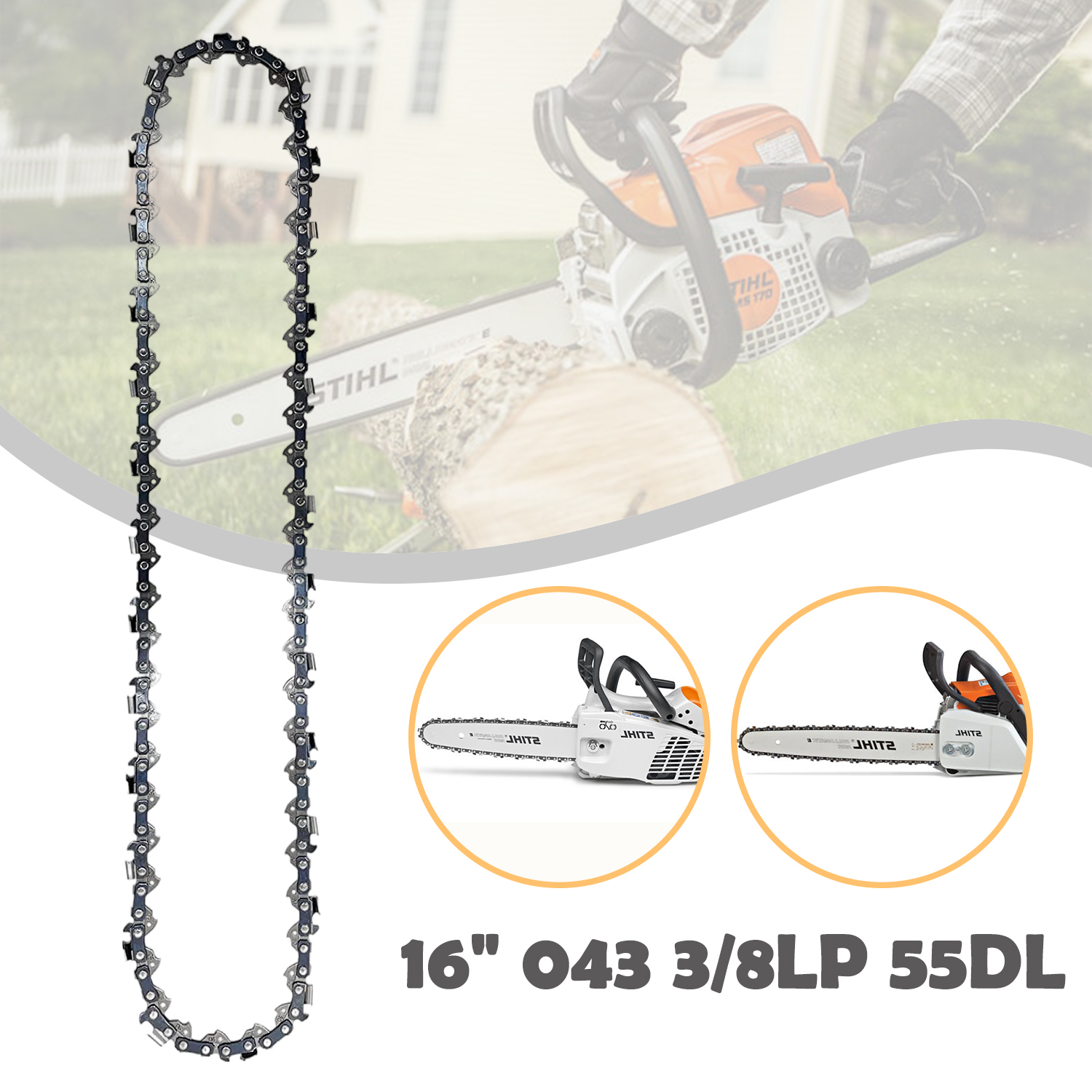 16 inch Chainsaw Chain Replacement for Stihl MS 170, MS171, MS180, MS181, 61PMM3 55 - 3/8" Pitch .043" Gauge 55 Drive Links