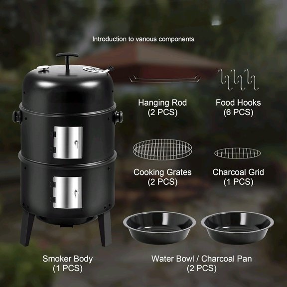 16 inch Charcoal Smoker, Vertical BBQ Grill, Heavy Duty 4 In 1 Fire Pit with built-in Thermometer & Adjustable Vent System for Backyard Patio Camping$$Garden & Patio