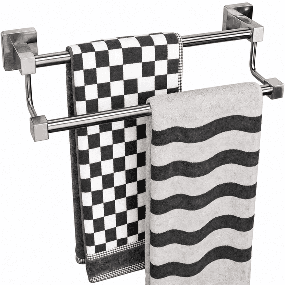 16 inch Double Bath Towel Bar with Square Base, SUS304 Stainless Steel Towel Rod, Modern Wall Mounted Towel Holder, Brushed Nickel