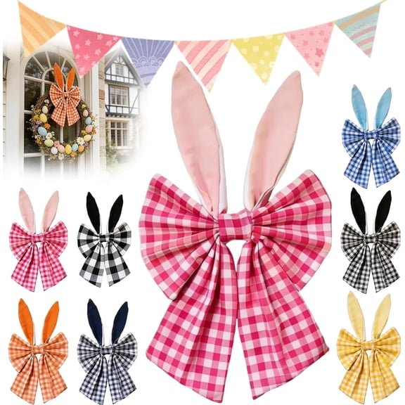 16 inch Easter bunny ear wreath, country style buffalo checkered Easter bow, bow spring festival fabric decoration, bow tree top, front door wall window, home party DIY crafts(pink)