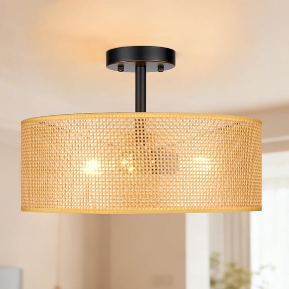 16 inch Farmhouse Semi Flush Mount Ceiling Light Fixture Boho Rattan, Woven Drum Light Fixture Ceiling Mount for Bedroom, Kitchen, Living Room