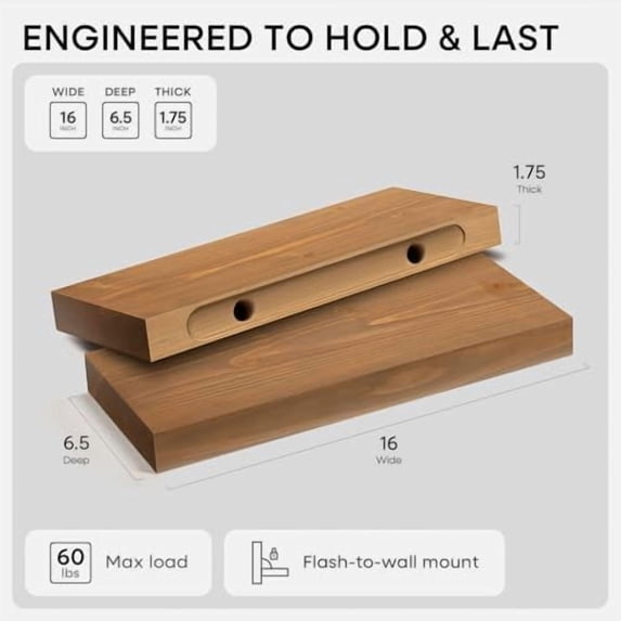 16 inch Golden Oak Floating Shelf, High End Solid Real Wood 16inch Small Floating Shelves for Wall Mounted, Oak Wooden 16in Floating Shelves, Heavy Duty Bracket, 16 X 6.5 X 1.75 in, Set of 3