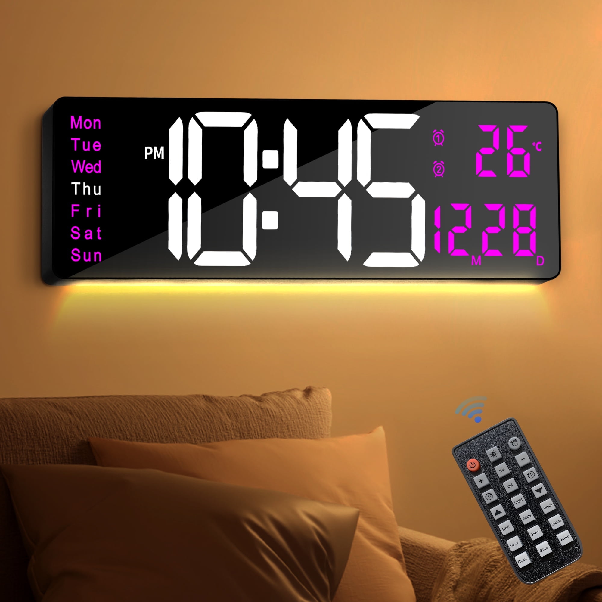 16-inch Large Display Wall Clock with Remote Control, 2 Alarms, Automatic DST, Temperature, Memory Battery for Living Room, Bedroom, Gift for Christmas,Mother's Day, Father's Day