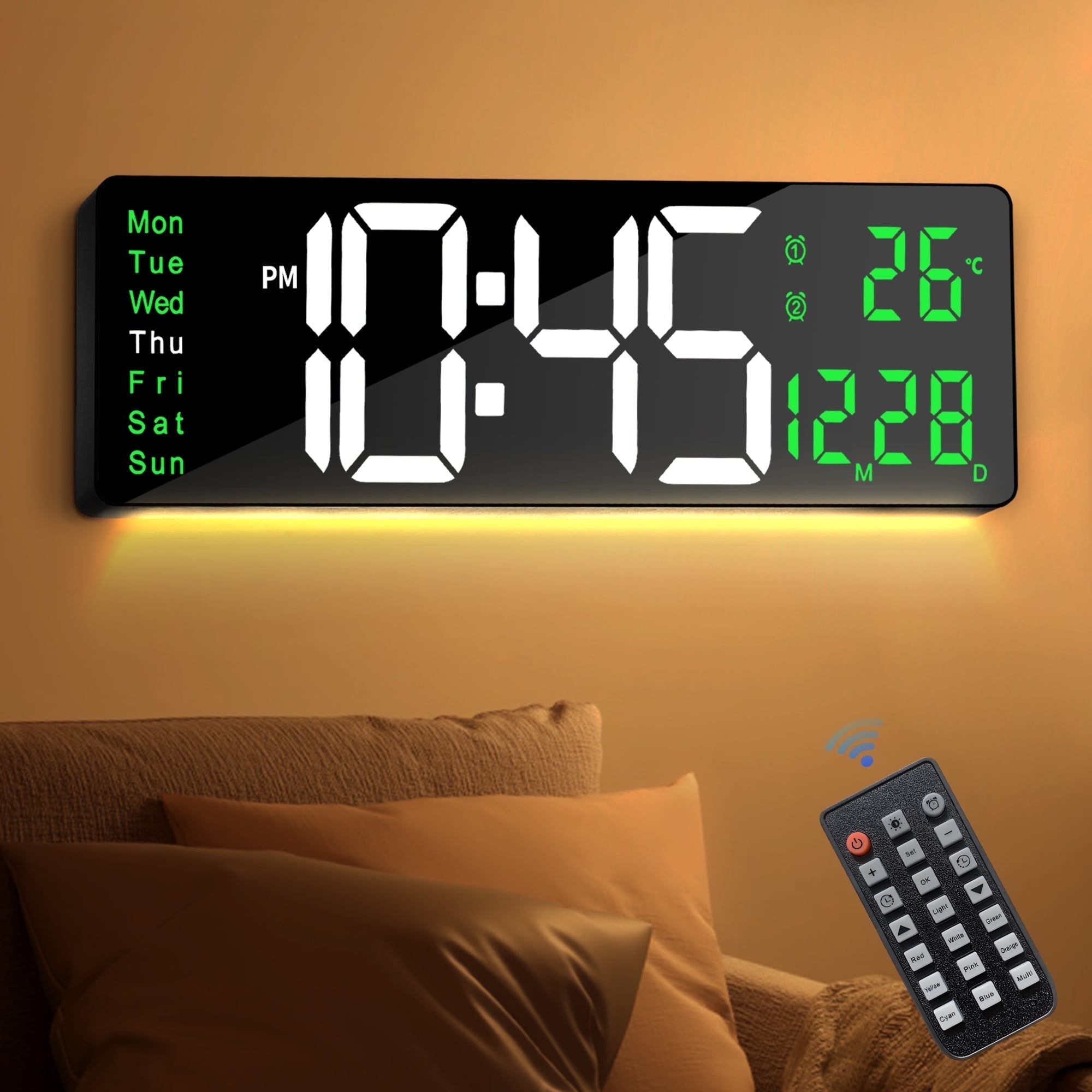 16-inch Large Display Wall Clock with Remote Control, 2 Alarms, Automatic DST, Temperature, Memory Battery for Living Room, Bedroom, Gift for Christmas,Mother's Day, Father's Day