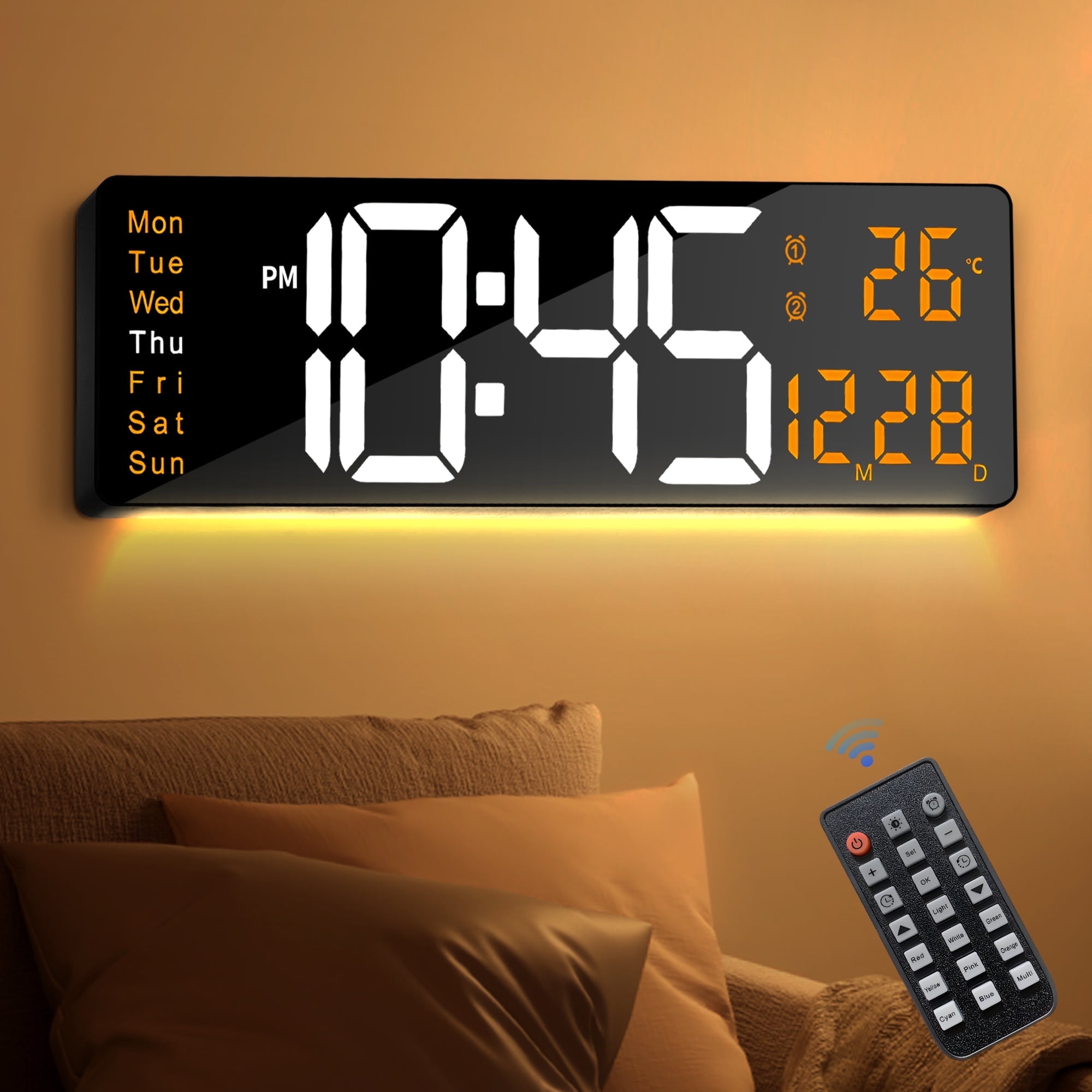 16-inch Large Display Wall Clock with Remote Control, 2 Alarms, Automatic DST, Temperature, Memory Battery for Living Room, Bedroom, Gift for Christmas,Mother's Day, Father's Day