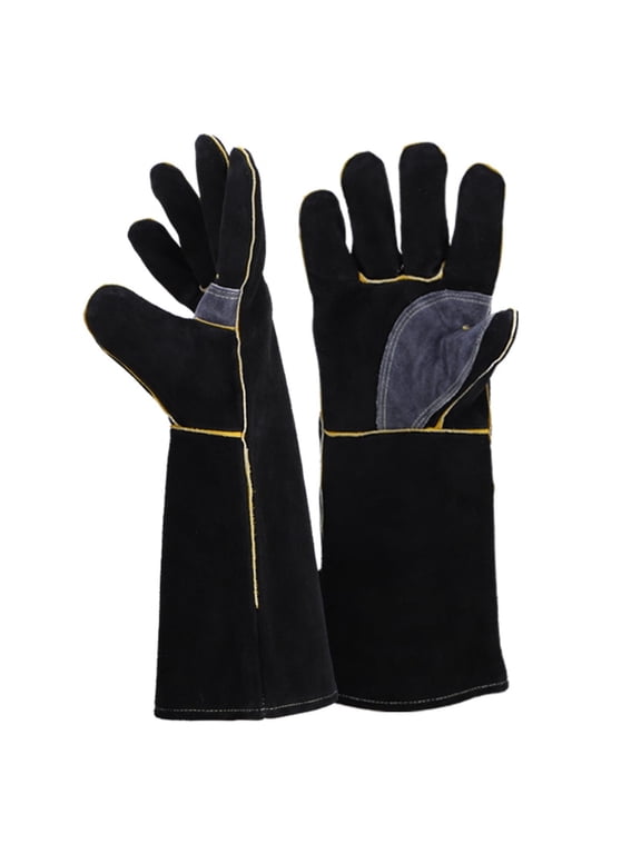 16 inch Leather Welding Gloves, Large Black Fireproof and Heat Resistant Work Gloves