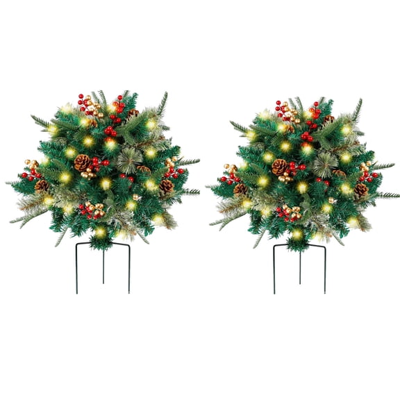 16 inch Outdoor Christmas Tree Set of 2, Battery Operated Pre-Lit Artificial Small Xmas Tree, with LED Lights Berries Realistic Pine for Pathway, Porch, Driveway, Yard
