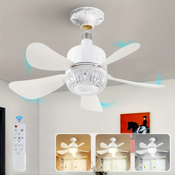 16-inch Outlet Fan Light with Remote Control, Dimmable LED Ceiling Fan with Light, Screw-in Outlet Fan, 2 Colors 3000K-6500K, Replacement Bulb Fan for Kitchen, Garage, Bedroom, White