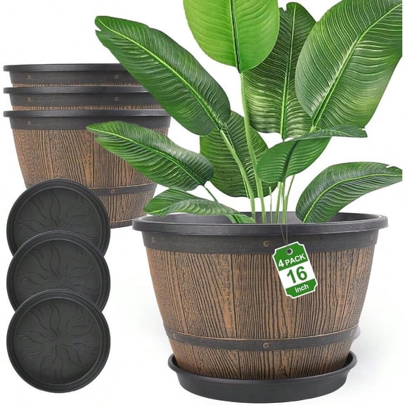 16-inch-Plant-Pots-Indoor-Outdoor 4 Pack Large Whiskey Barrel Planters with Drainage Holes Saucer Plastic Flower Pots Imitation Wine Barrel Design Decorative Garden Pots for Plants
