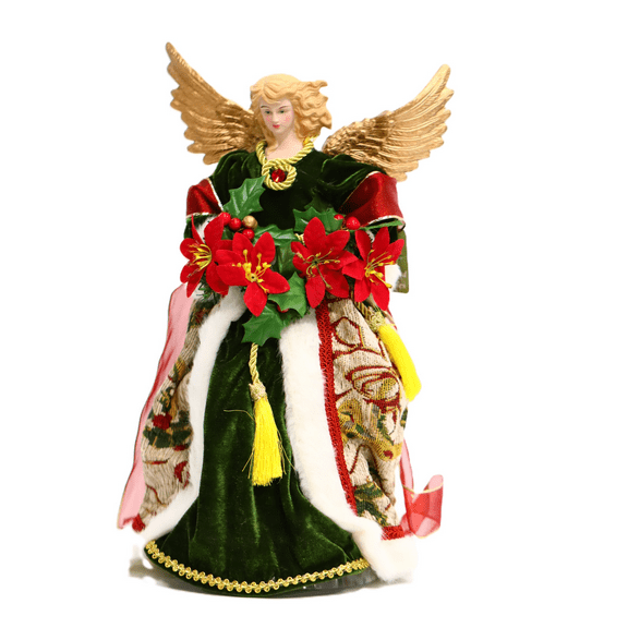 Santa's Workshop Green and Red Poinsettia Angel Christmas Tree Topper 16 Inch