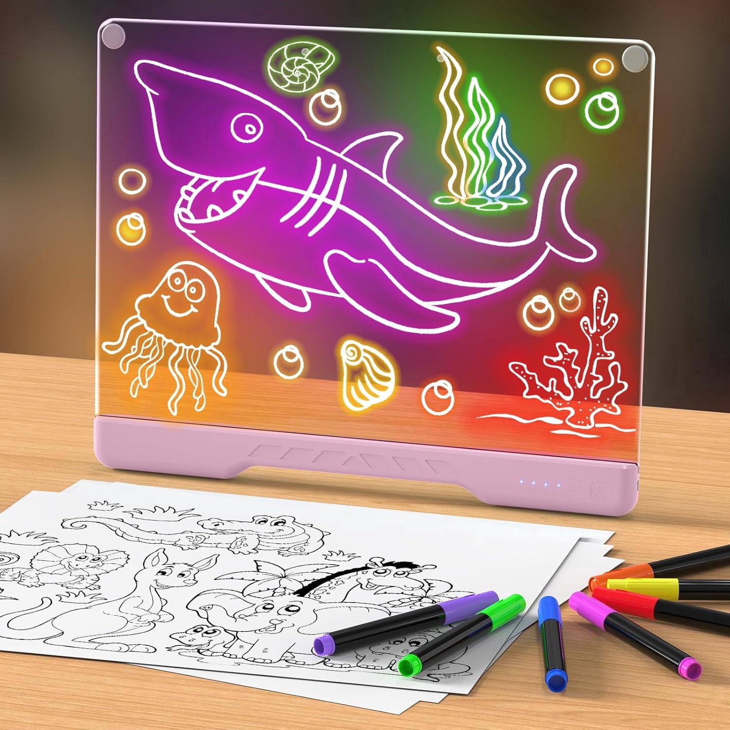 16-inch Rechargeable Doodle Glow LED Note Board, 4 Modes with 7 Colors Neon Art Dry Erase Light Up Led Drawing Board with Built-in Stand, Hanging Chain, Drawing Pad for Kids, Girls, Teens (Pink)