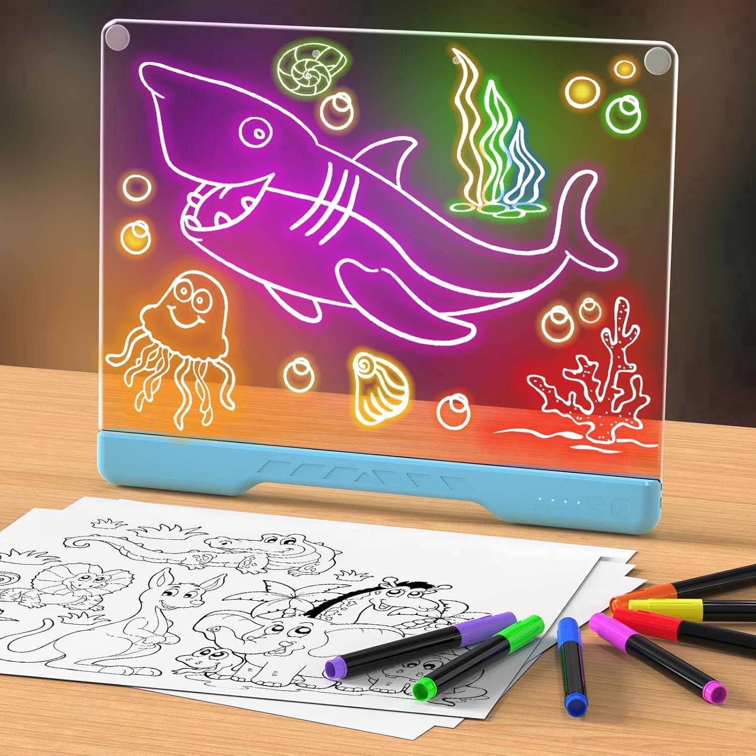 16-inch Rechargeable Doodle Glow LED Note Board, 4 Modes with 7 Colors Neon Art Dry Erase Light Up Led Drawing Board with Built-in Stand, Hanging Chain, Drawing Pad for Kids, Girls, Teens (Blue)