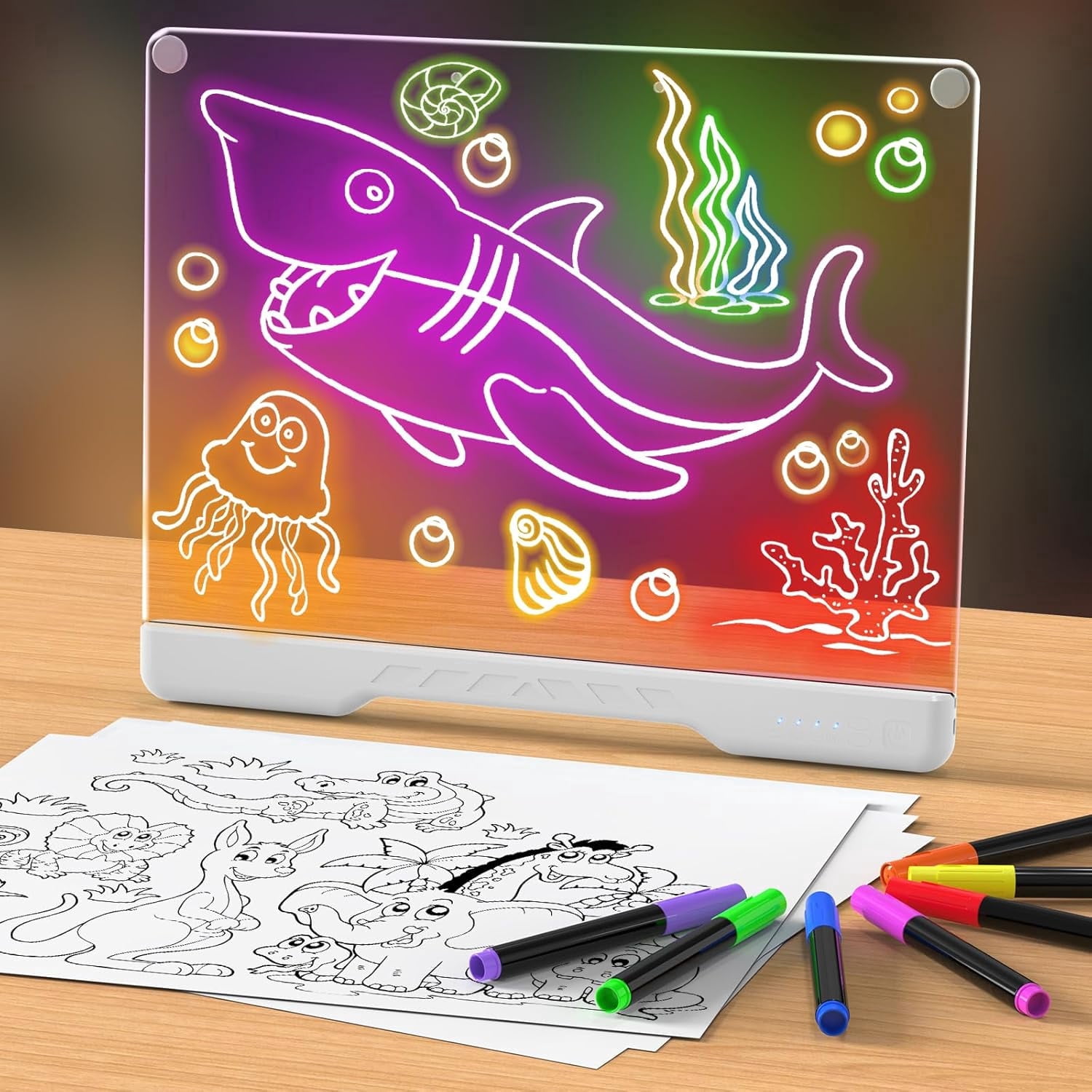 16-inch Rechargeable Doodle Glow LED Note Board, 4 Modes with 7 Colors Neon Art Dry Erase Light Up Led Drawing Board with Built-in Stand, Hanging Chain, Drawing Pad for Kids, Girls, Teens(White)