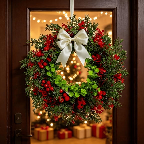 16-inch Red Berry Christmas Wreath, Christmas Wreath for Front Door Christmas Door Wreaths with Red Berries, White Bow, Cedar Leaves Artificial Wreath for Christmas Indoor Outdoor Decorations