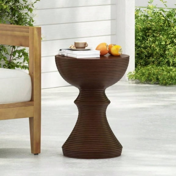 Dokea 16 Inch Ribbed Brown Concrete Outdoor Side Table - Patio Accent Table - End Tables