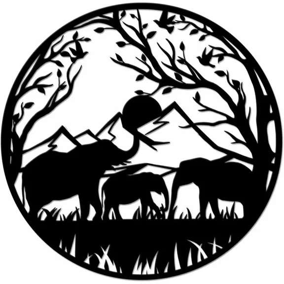 African Elephant Family Sunset Forest, Elephant Metal Wall Art Metal Animal Artwork for Home Living Room Wall Hanging Decor
