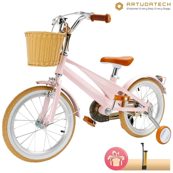 Girls Boys Bike for 4-9 Years Old Toddlers and Kids, 16 Inch Kids Bike with Training Wheels, Basket, Dual Brake, Retro Style Children Bicyle