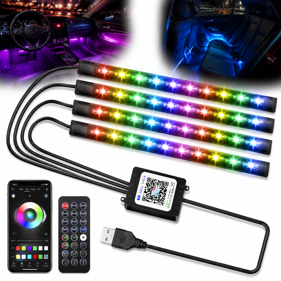 Genreen 4-Pack USB Car LED Strip Lights - 16 million color, 36 LED Multicolor Interior Lights with Smart App Control Car LED Lights& Music Sync for Cars, SUVs, Trucks, Auto Décor