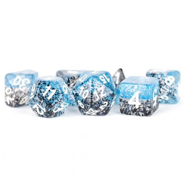 16 mm Clear Specialty Resin Dice with Blue & Black Particles & White Numbers - Set of 7