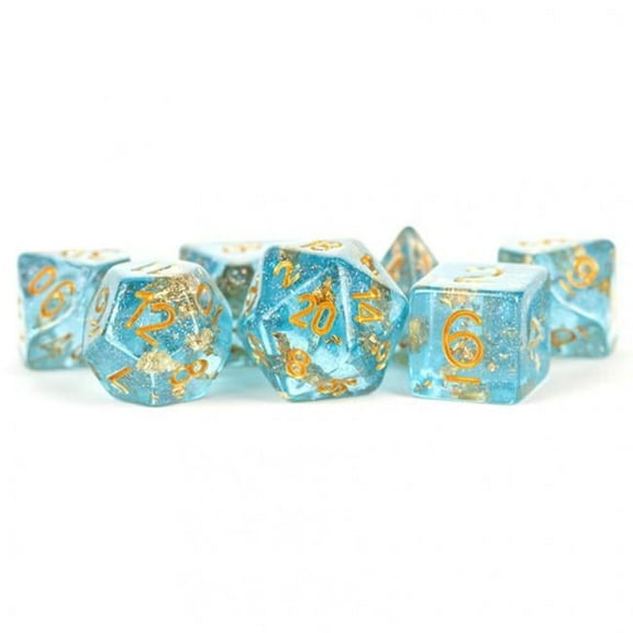 16 mm Clear Specialty Resin Dice with Gold Foil & Gold Numbers - Set of 7