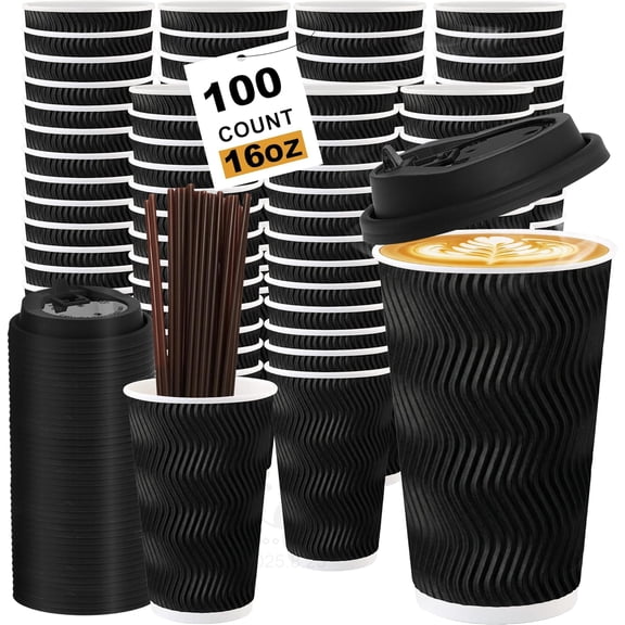 16 oz 100 Pack Corrugated Ripple Wall Disposable Coffee Cups with Lids and Straws Black