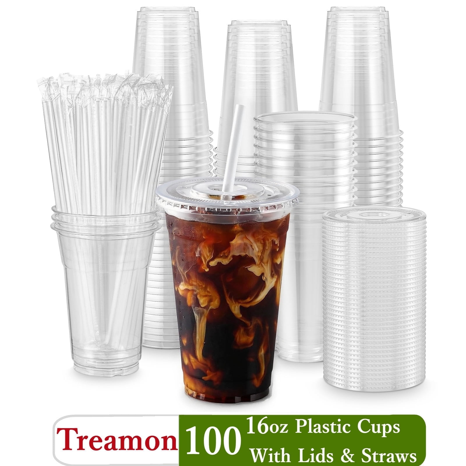 Walmart Black Friday Deals 2025 - Treamon Clear Plastic Cups with Lids and Straws, 16 oz Disposable Party Cups for Iced Coffee, Juice, and More, 100 Count