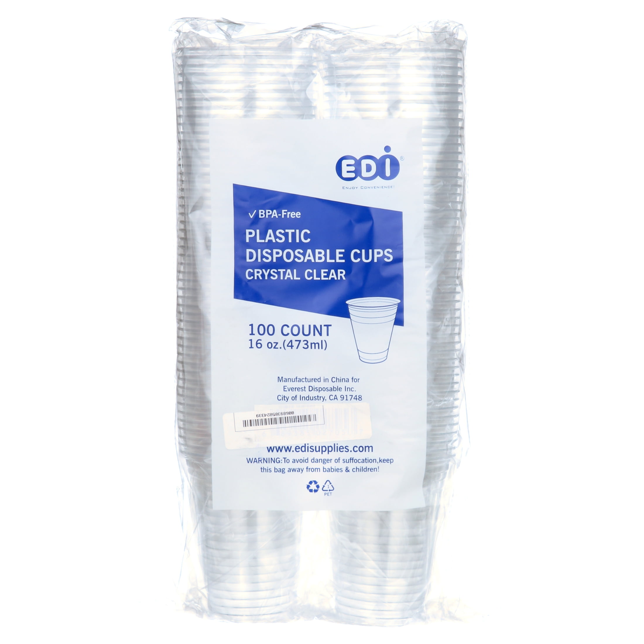[16 oz 100 Pack] EDI Crystal Clear Disposable PET Plastic Cups