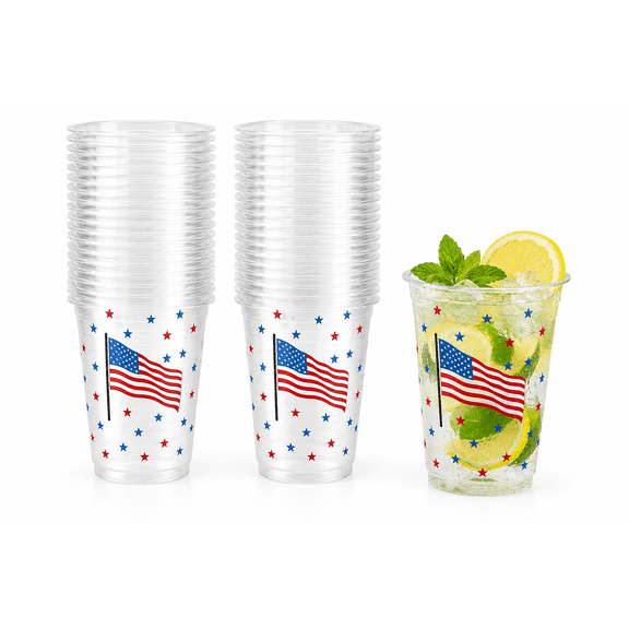 [16 oz - 50 Pack] EDI American Flag Printed Disposable PET Plastic Cups